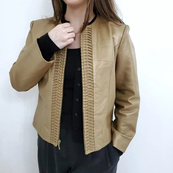 Revue Metallic Gold Lamb Skin Lined Full Zip Leather Jacket 90's Y2K Small - Picture 1 of 16